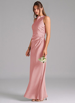 Azazie Evadne Bridesmaid Dresses Powder Pink Sheath Pleated Stretch Satin Dress image1