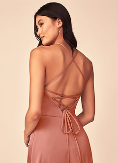 Azazie Mei Bridesmaid Dresses Salmon Pink A-Line V-Neck Stretch Satin Dress image3