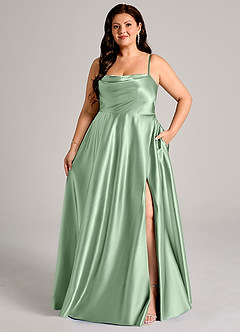 Azazie Elle Bridesmaid Dresses Matcha A-Line with Pockets Metallic Satin Dress image1