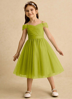 Azazie Lila Girls Formal Robe Demoiselle D'honneur Fillette Robe Trapèze en Tulle Épaule décolletée Citronnelle image3