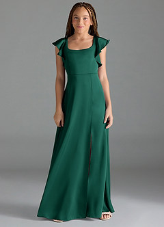 Azazie Bondi Junior Emerald A-Line Side Slit Stretch Satin Dress image1