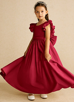 Azazie Piglette Flower Girl Dresses Scarlet A-Line Bow Matte Satin Dress image2