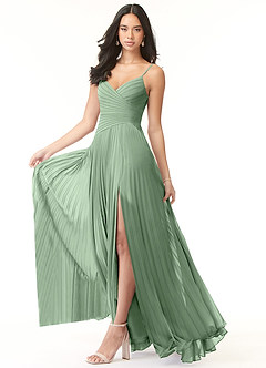 Azazie Vini At-home Try On Dresses Matcha A-Line V-Neck Pleated Chiffon Dress image3
