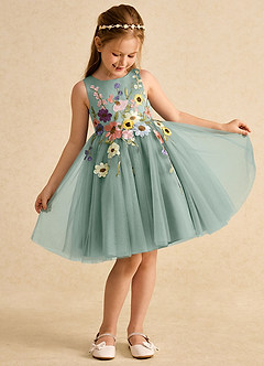 Azazie Prima Flower Girl Dresses Silver Sage A-Line Bow Tulle Dress image3