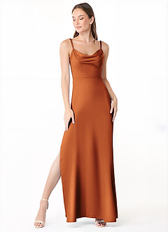 Azazie Alaija Robes de demoiselle d'honneur Robe Sirène en Satin extensible Fente Latérale Cannelle image2