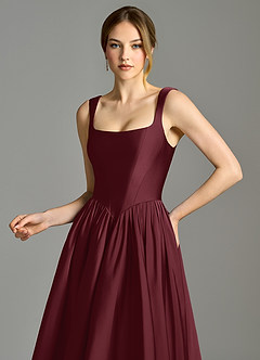 Azazie Verina Bridesmaid Dresses Cabernet A-Line Pleated Stretch Satin Dress image2