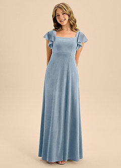 Azazie Bondi Junior Dusty Blue A-Line Bow Velvet Dress image4