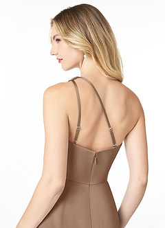 Azazie Latrice Brautjungfernkleider Etui Kaskadierende Rüschen an einer Schulter Stretch-Satin Kleid Taupe image4