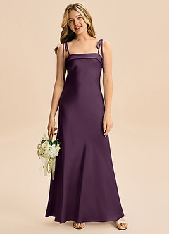 Azazie Willa Junior Vestido de Ciruela de Satén Elástico de Corte en A con Lazo image4