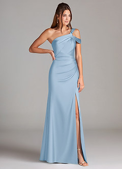 Azazie Wynter Abiti da Damigella Abito Tubino in Raso Elasticizzato Monospalla Azzurro Polvere image4