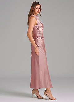 Azazie Evadne 신부 들러리 드레스 쉬스 주름진 스트레치 새틴 발목 길이 드레스 image4