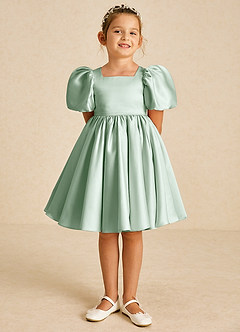 Azazie Muffin Flower Girl Dresses Agave A-Line with Sleeves Matte Satin Dress image2