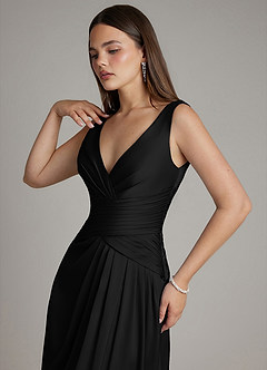 Azazie Pauline Bridesmaid Dresses Black A-Line Pleated Stretch Satin Dress image3
