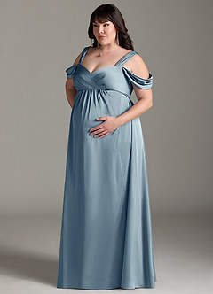 Azazie Rhea vestidos de dama de honor de maternidad Vestido de Acampanado Off The Shoulder Plisado Largo hasta el piso Stretch Satin image11