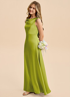Azazie Kiki Junior Lemongrass A-Line Bow Stretch Satin Dress image3