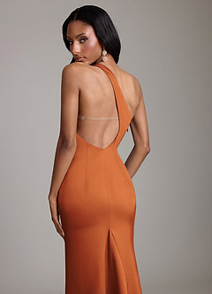 Azazie Voni Jurken voor bruidsmeisjes Jurk van Stretch Satijn met Zeemeermin One-shoulder Kaneel image4