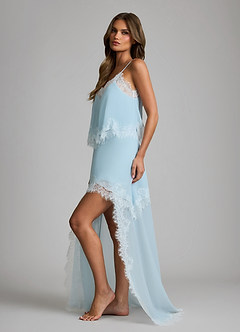 front Chiffon-Brautmorgenmantel/Nachthemd mit Spitzenbesatz, V-Ausschnitt, Seitenschlitz und langem Unterkleid