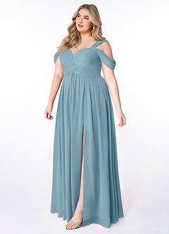 Azazie Lianne Robes de demoiselle d'honneur Robe Trapèze en Mousseline de soie Épaule décolletée Bleu Maussade image9