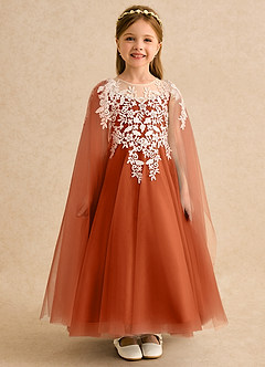 Azazie Dandelion Flower Girl Dresses Burnt Orange Ball-Gown Lace Dress image3