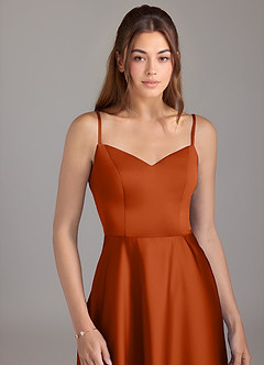 Azazie Marley Bridesmaid Dresses Burnt Orange A-Line Off the Shoulder Stretch Satin Convertible Dress image2