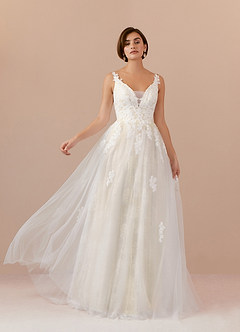 Azazie Jolene Wedding Dresses Diamond White Champagne A-Line Lace Tulle Dress image1