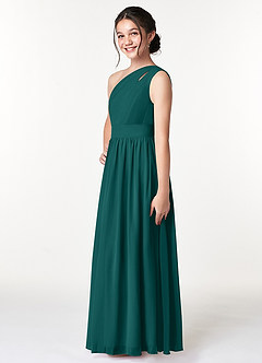 Azazie Molly Junior Abito A-Line in Chiffon Plissettato Verde Pavone image4