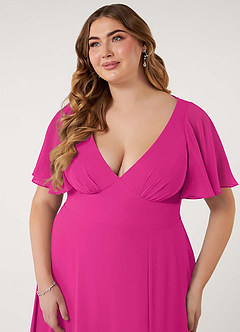 Azazie Kimber Bridesmaid Dresses Fuchsia A-Line Flounce Sleeve Chiffon Dress image13