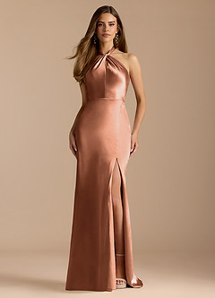Azazie Tracie Bridesmaid Dresses Bronzer A-Line Pleated Metallic Satin Dress image1