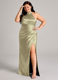 Azazie Jemma Bridesmaid Dresses Moss Green Sheath Pleated Metallic Satin Dress image8