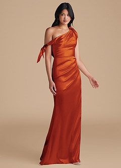 Azazie Xyla Bridesmaid Dresses Paprika Sheath Off the Shoulder Metallic Satin Convertible Dress image7