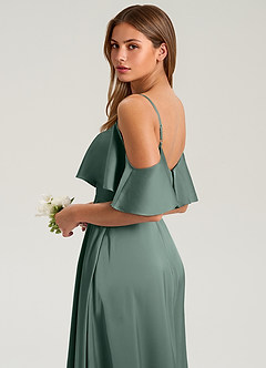Azazie Jean Bridesmaid Dresses Sea Moss A-Line Off the Shoulder Stretch Satin Dress image7