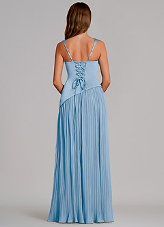 Azazie Stephanie Vestidos de damas de honor Vestido de Azul Pálido de Satén Elástico de Corte en A con Plisado image5
