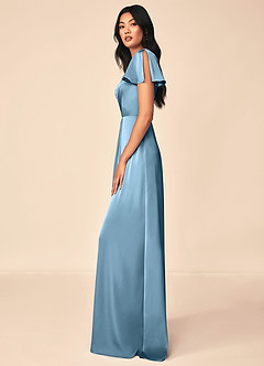 Azazie Soren Bridesmaid Dresses Steel Blue A-Line Pleated Stretch Satin Dress image3