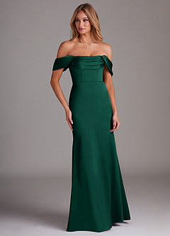 Azazie Saige Bridesmaid Dresses Emerald Sheath Off the Shoulder Stretch Satin Dress image4
