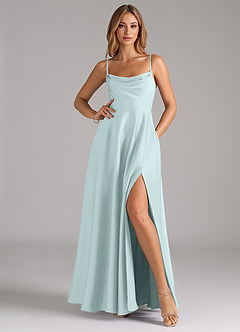 Azazie Elle Bridesmaid Dresses Sea Glass A-Line Pleated Stretch Satin Dress image3