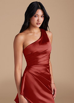 Azazie Latrice Bridesmaid Dresses Rust Sheath One Shoulder Metallic Satin Dress image3