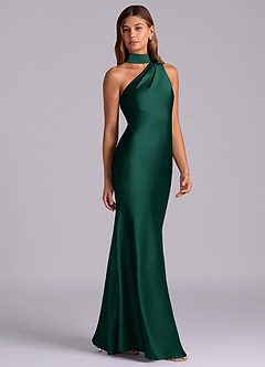 Azazie Seona Bridesmaid Dresses Emerald Mermaid One Shoulder Stretch Satin Dress image5