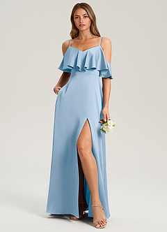 Azazie Jean Bridesmaid Dresses Powder Blue A-Line Off the Shoulder Stretch Satin Dress image3