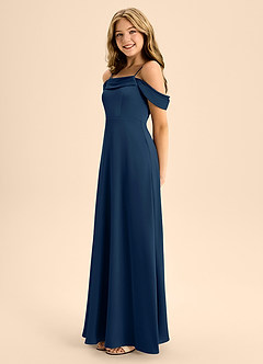 Azazie Anselie Junior Jurk van Stretch Satijn met A-Lijn Off the Shoulder Donkere Marine image6