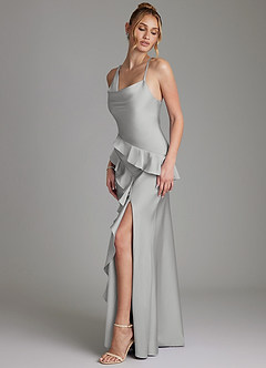 Azazie Jayda Bridesmaid Dresses Silver A-Line Ruched Stretch Satin Dress image5