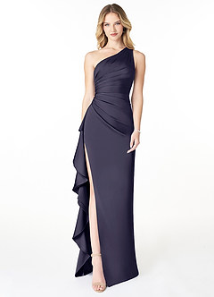 Azazie Latrice Bridesmaid Dresses Stormy Sheath One Shoulder Cascading Ruffles Stretch Satin Dress image1
