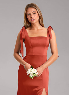 Azazie Frostine Bridesmaid Dresses Rust A-Line Bow Stretch Satin Dress image4