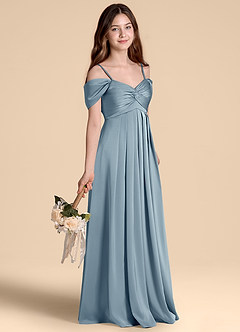 Azazie Kaitlynn Junior Jurk van Stretch Satijn met A-Lijn Off the Shoulder Stoffig Blauw image5