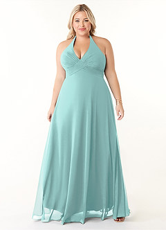 Azazie Tessie Vestidos de damas de honor Vestido de Aqua de Gasa de Corte en A con Cuello en V plisado image6