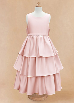Azazie Margie Flower Girl Dresses Blushing Pink A-Line Bow Stretch Satin Dress image4
