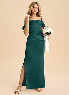 Azazie Saige Junior Robe Fourreau en Satin extensible Épaule décolletée Vert Pin image4