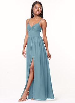 Azazie Zeya Bridesmaid Dresses Moody Blue A-Line V-Neck Pleated Chiffon Dress image4