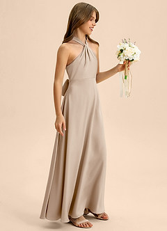 Azazie Beah Junior Robe Trapèze en Satin extensible Plissée Taupe image6