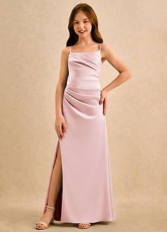 Azazie Cannoli Girls Formal Vestidos de florista Vestido Rosa Corado de Cetim elástico de Linha A com Plissado image3