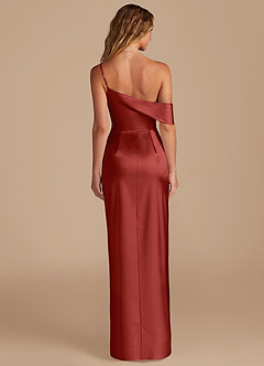 Azazie Lia Bridesmaid Dresses Rust Sheath Off the Shoulder Metallic Satin Dress image4